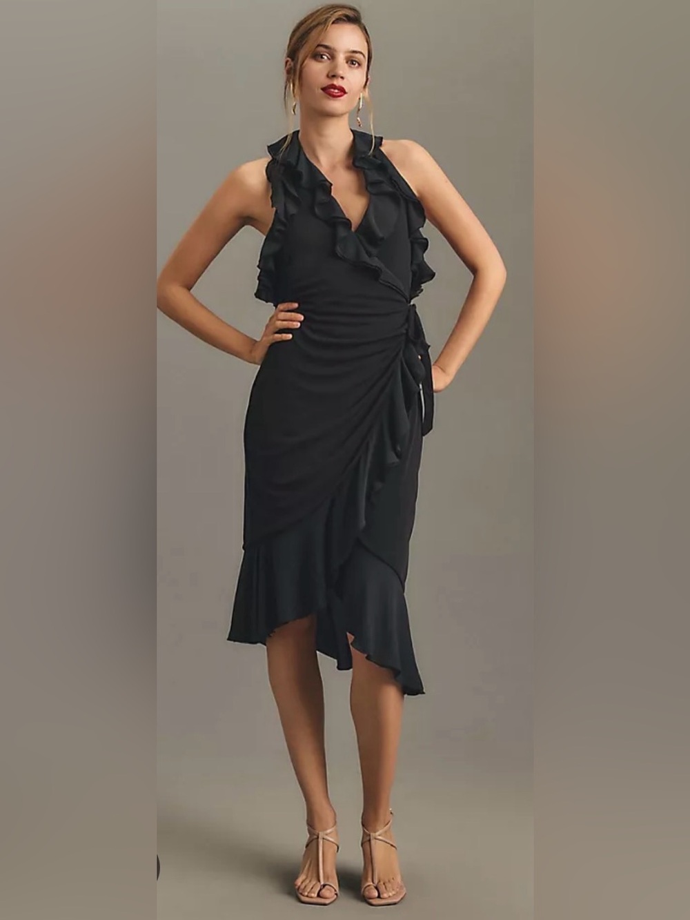 Anthropologie Black Ruffled High-Low Wrap Dress